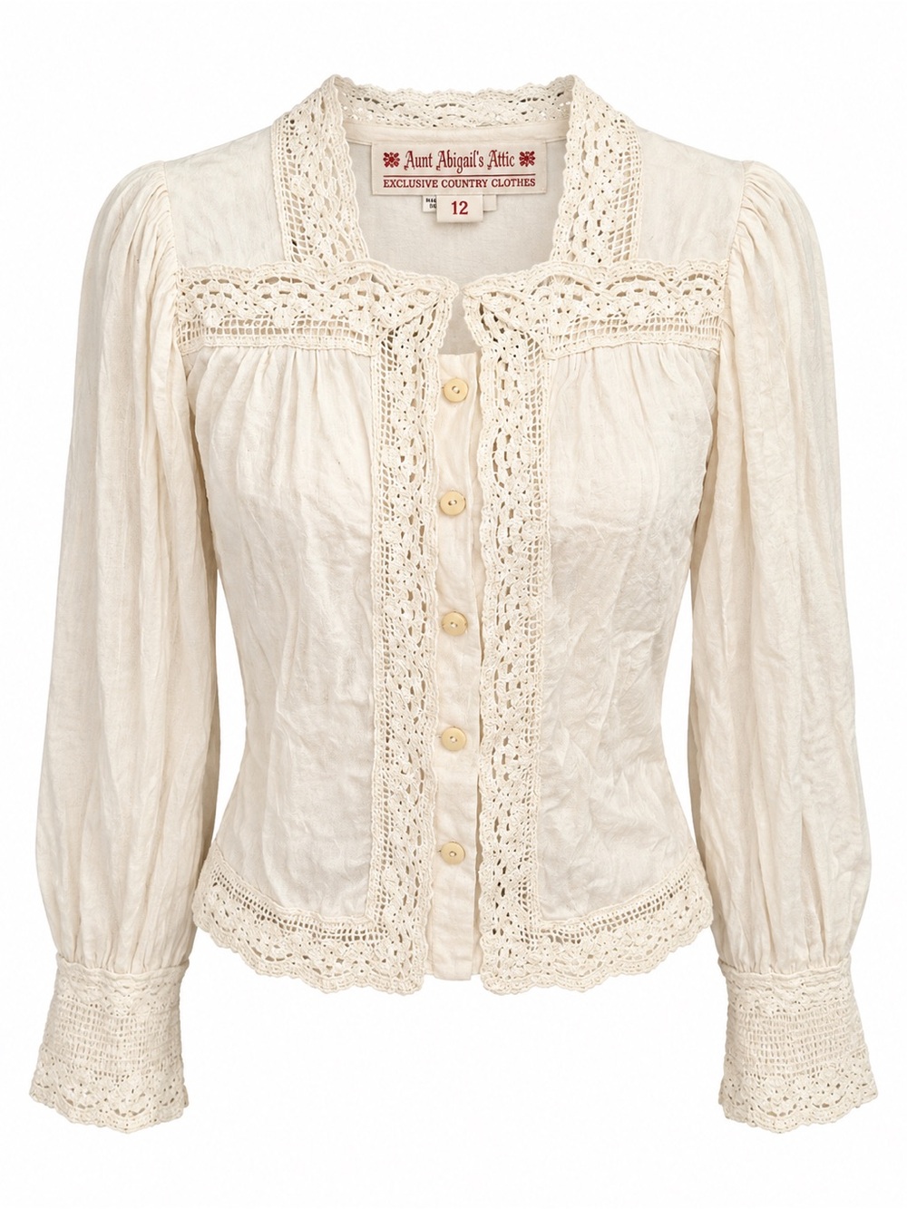 Women's Cream Lace-Trim Long Sleeve Blouse